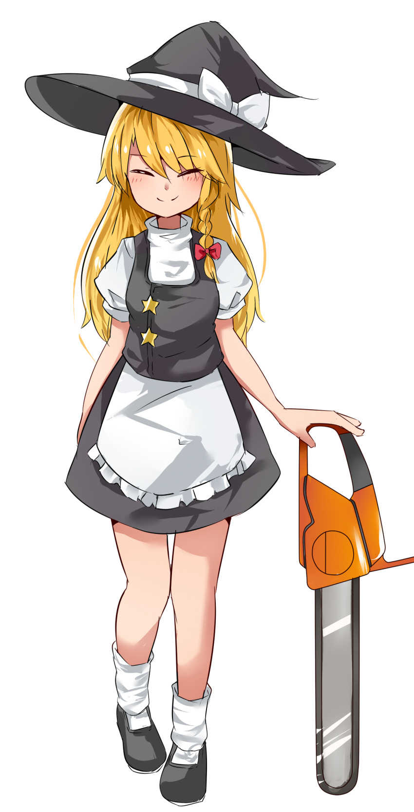 1girl absurdres apron bangs black_footwear black_headwear black_skirt black_vest blonde_hair blush bow braid chainsaw closed_eyes closed_mouth commentary_request cookie_(touhou) eyebrows_visible_through_hair frilled_apron frills full_body hair_between_eyes hair_bow hat hat_bow highres holding holding_chainsaw kirisame_marisa long_hair puffy_short_sleeves puffy_sleeves red_bow shirt shoes short_sleeves side_braid simple_background single_braid skirt smile socks solo split_mouth standing star_(symbol) suzu_(cookie) touhou turtleneck vest waist_apron white_apron white_background white_bow white_legwear white_shirt witch_hat yumekamaborosh