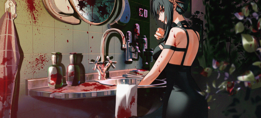 1girl absurdres back backless_dress backless_outfit bare_shoulders bathroom black_dress black_hair black_joa blood blood_on_arm blood_on_wall blood_splatter breasts broken_mirror dress from_side hair_bun highres indoors large_breasts leaf looking_at_viewer red_eyes scenery sink sleeveless sleeveless_dress spy_x_family standing towel yor_briar
