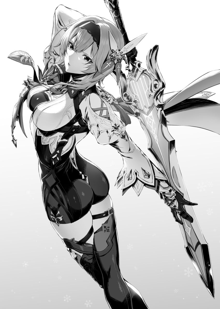 1girl arm_behind_head ass bangs bodysuit breasts bug butterfly clothing_cutout eula_(genshin_impact) from_behind genshin_impact gloves greyscale hair_between_eyes hairband highres holding holding_sword holding_weapon large_breasts long_hair long_sleeves looking_at_viewer looking_back monochrome mugetsu2501 necktie parted_lips short_shorts shorts shoulder_cutout solo_focus song_of_broken_pines_(genshin_impact) sword thigh-highs thigh_strap weapon white_background wide_sleeves