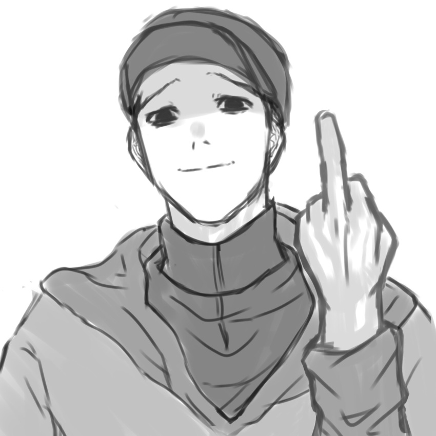baseball_cap empty_eyes greyscale hat highres inimu1230 killing_stalking looking_at_viewer male_focus middle_finger monochrome oh_sangwoo shaded_face smile turtleneck