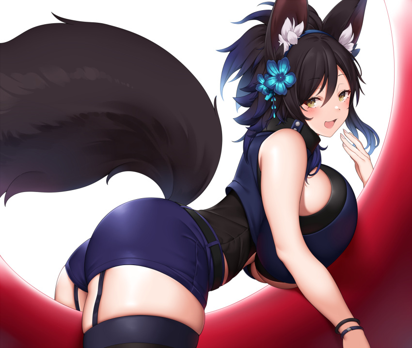 1girl animal_ears ass bangs bare_arms bare_shoulders black_hair blue_legwear blue_shirt blue_shorts blush breasts from_side garter_straps hair_ornament highres large_breasts long_hair micro_shorts open_mouth original shirt shorts sleeveless smile solo suruga_(xsurugax) tail thigh-highs thighs yellow_eyes