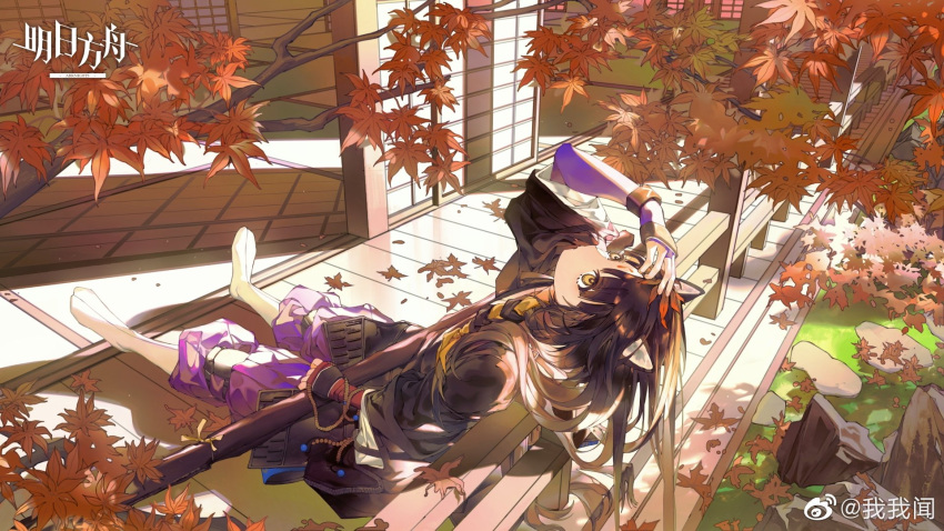 1girl against_railing animal_ear_fluff animal_ears arknights arm_up artist_name asymmetrical_gloves autumn_leaves bangs black_hair black_kimono bracelet braid closed_mouth copyright_name day dog_ears facial_mark falling_leaves fingerless_gloves forehead_mark full_body gloves hair_ribbon highres infection_monitor_(arknights) japanese_clothes jewelry kimono knee_pads leaf long_hair long_sleeves looking_afar looking_up maple_leaf mismatched_gloves no_shoes outdoors pants parted_bangs purple_gloves purple_pants railing red_gloves ribbon saga_(arknights) side_braid solo sunlight tree very_long_hair weapon_bag weibo_username white_legwear wooden_floor yellow_eyes yellow_ribbon