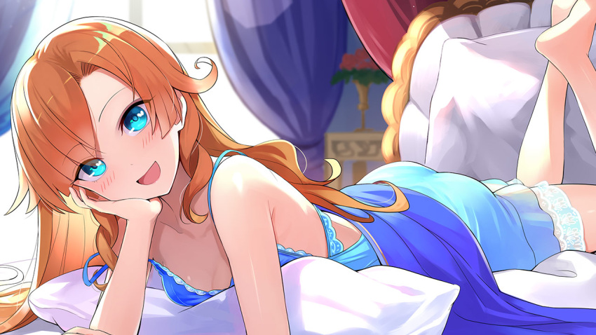 1girl :d artist_request artwhirl_mahou_gakuen_no_otome-tachi bare_arms bare_legs barefoot blue_dress blue_eyes blurry blurry_background blush brown_hair character_request collarbone dress game_cg head_rest legs_up long_hair looking_at_viewer lying on_stomach pillow shiny shiny_hair shiny_skin short_dress smile solo strap_slip the_pose very_long_hair