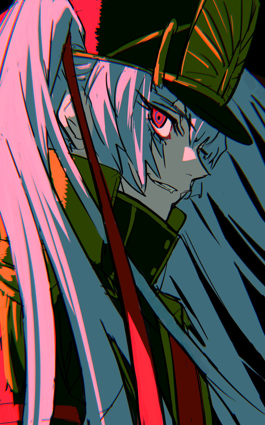 1girl absurdres altair_(re:creators) bangs character_request copyright_request epaulettes high_collar highres long_hair looking_at_viewer looking_to_the_side military military_uniform multicolored_hair parted_lips re:creators red_eyes redhead ringed_eyes sketch solo streaked_hair teeth uniform urkt_10 white_hair
