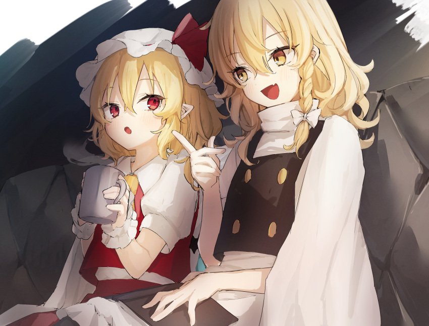 2girls :d apron ascot bangs black_vest blanket blonde_hair blush book braid buttons commentary_request cup double-breasted eyelashes fang flandre_scarlet frilled_apron frills hair_between_eyes hair_ribbon hat hat_ribbon highres holding honotai index_finger_raised kirisame_marisa long_hair looking_at_another mob_cap mug multiple_girls no_hat no_headwear one_side_up open_mouth pointy_ears puffy_short_sleeves puffy_sleeves red_eyes red_ribbon red_vest ribbon shirt short_sleeves sidelocks single_braid skin_fang smile touhou tress_ribbon vest waist_apron white_apron white_headwear white_ribbon white_shirt wrist_cuffs yellow_ascot yellow_eyes