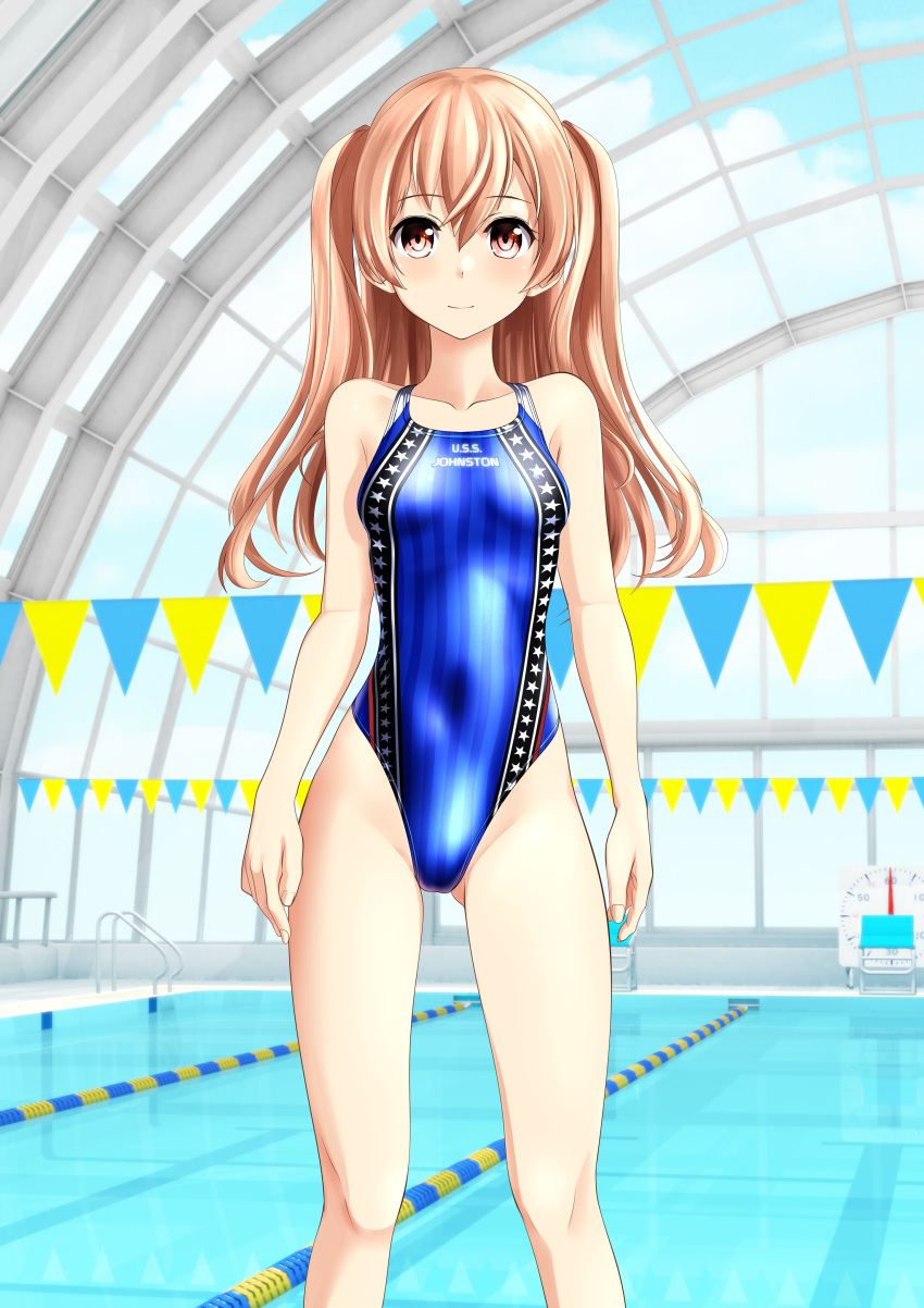 1girl absurdres black_swimsuit blue_swimsuit breasts brown_eyes character_name competition_swimsuit covered_navel highleg highleg_swimsuit highres indoors johnston_(kancolle) kantai_collection light_brown_hair long_hair multicolored_clothes multicolored_swimsuit one-piece_swimsuit poolside small_breasts solo standing star_(symbol) swimsuit takafumi two_side_up