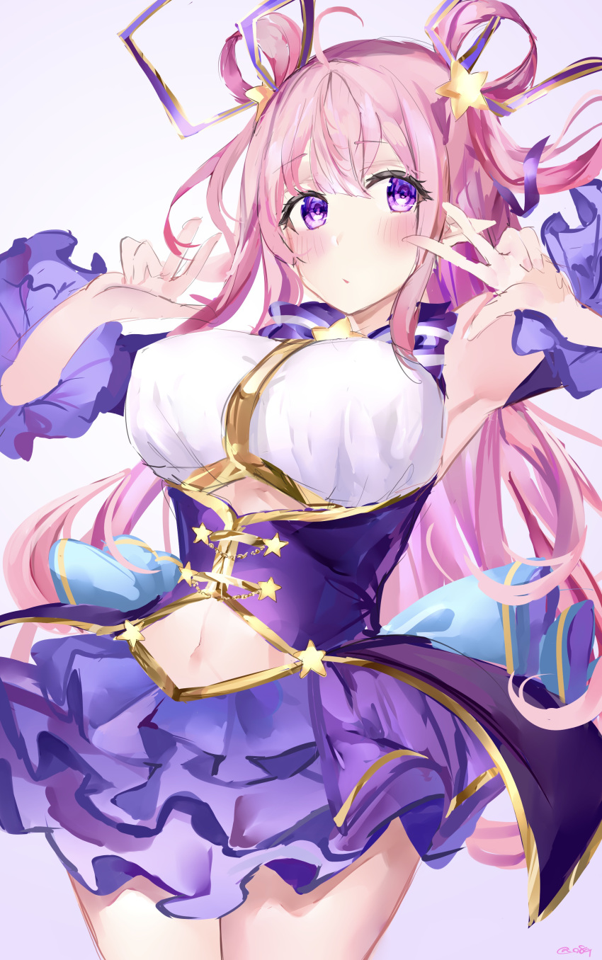 1girl absurdres armpits blush breasts closed_mouth clothing_cutout cowboy_shot double_w hair_ornament hair_rings hands_up hatsune_(princess_connect!) highres large_breasts layered_skirt long_hair mile_(off8mile) navel navel_cutout pink_hair princess_connect! purple_skirt skirt solo star_(symbol) star_hair_ornament twintails two_side_up violet_eyes w