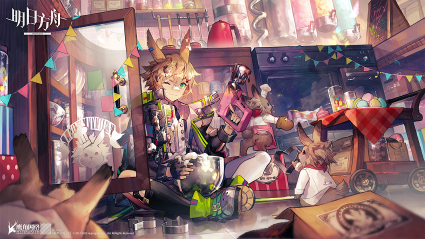 1boy animal_ears arknights bishounen blonde_hair cake candy food food_on_face green_eyes highres jacket kitchen leonhardt_(arknights) macaron male_focus mixer_(cooking) necktie official_art one_eye_closed rabbit rabbit_boy rabbit_ears shirt shorts sitting socks solo suspenders thigh-highs valentine white_shirt