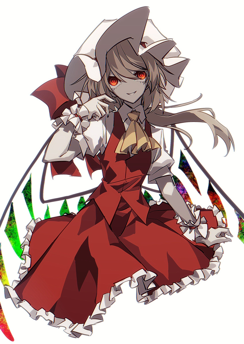 1girl absurdres ascot bangs blonde_hair commentary crystal flandre_scarlet frilled_skirt frills hair_between_eyes hat hat_ribbon highres long_hair looking_at_viewer mob_cap puffy_short_sleeves puffy_sleeves red_eyes red_ribbon red_skirt red_vest ribbon short_sleeves skirt skirt_set smile solo togeppoi touhou vest white_headwear wings wrist_cuffs yellow_ascot