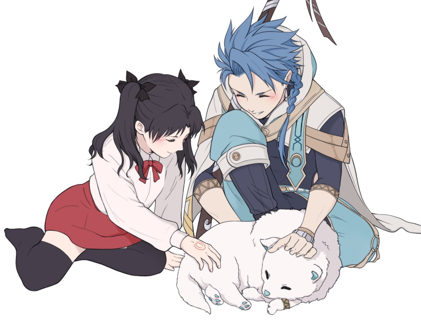 1boy 1girl animal black_hair black_legwear black_ribbon blue_hair blush bracelet braid collared_shirt cu_chulainn_(fate) dog fate/grand_order fate/grand_order_arcade fate/zero fate_(series) grey_background hair_ribbon highres holding jewelry knee_up long_hair long_sleeves neck_ribbon nian_(qingdandeliuni1) no_shoes petting red_ribbon red_skirt ribbon samoyed_(dog) setanta_(fate) shirt simple_background single_braid skirt smile staff thigh-highs tohsaka_rin white_shirt