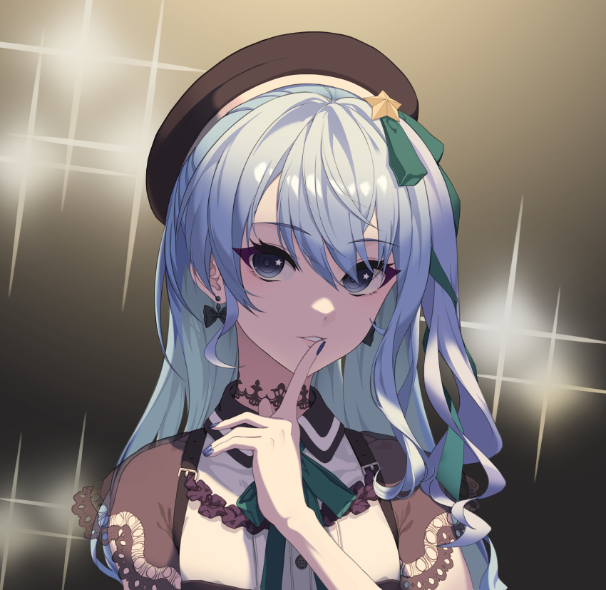 1girl absurdres bangs black_headwear blue_eyes blue_hair blue_nails colored_inner_hair eyebrows_visible_through_hair green_ribbon hair_between_eyes hair_ornament hat hat_ribbon highres hololive hoshimachi_suisei long_hair looking_at_viewer multicolored_hair nail_polish parted_lips portrait ribbon see-through shiny shiny_hair silver_hair solo star_(symbol) star_hair_ornament two-tone_hair virtual_youtuber wing_collar zzzearly