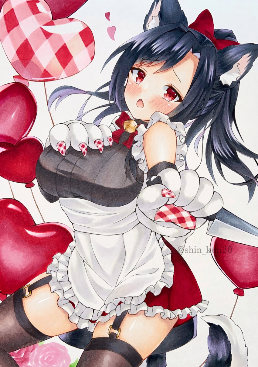 1girl absurdres animal_ears animal_hands azur_lane balloon black_garter_straps black_hair bow brown_legwear dress framed_breasts hair_bow hand_on_own_chest heart_balloon highres lace-trimmed_legwear lace_trim long_hair looking_at_viewer marker_(medium) official_alternate_costume open_mouth red_bow red_eyes shigure_(azur_lane) shigure_(lucky_chocolate)_(azur_lane) shin_kun30 simple_background solo tail traditional_media white_background white_dress