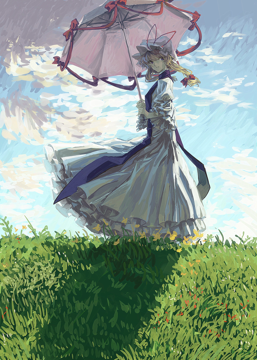 1girl absurdres blonde_hair blue_tabard bow clouds cloudy_sky commentary dress fine_art_parody frilled_dress frills grasslands hair_bow hat highres holding holding_umbrella looking_at_viewer medium_hair mob_cap parasol parody pink_umbrella puffy_short_sleeves puffy_sleeves red_bow red_ribbon ribbon short_sleeves sky smile solo togeppoi touhou umbrella violet_eyes white_dress woman_with_a_parasol yakumo_yukari