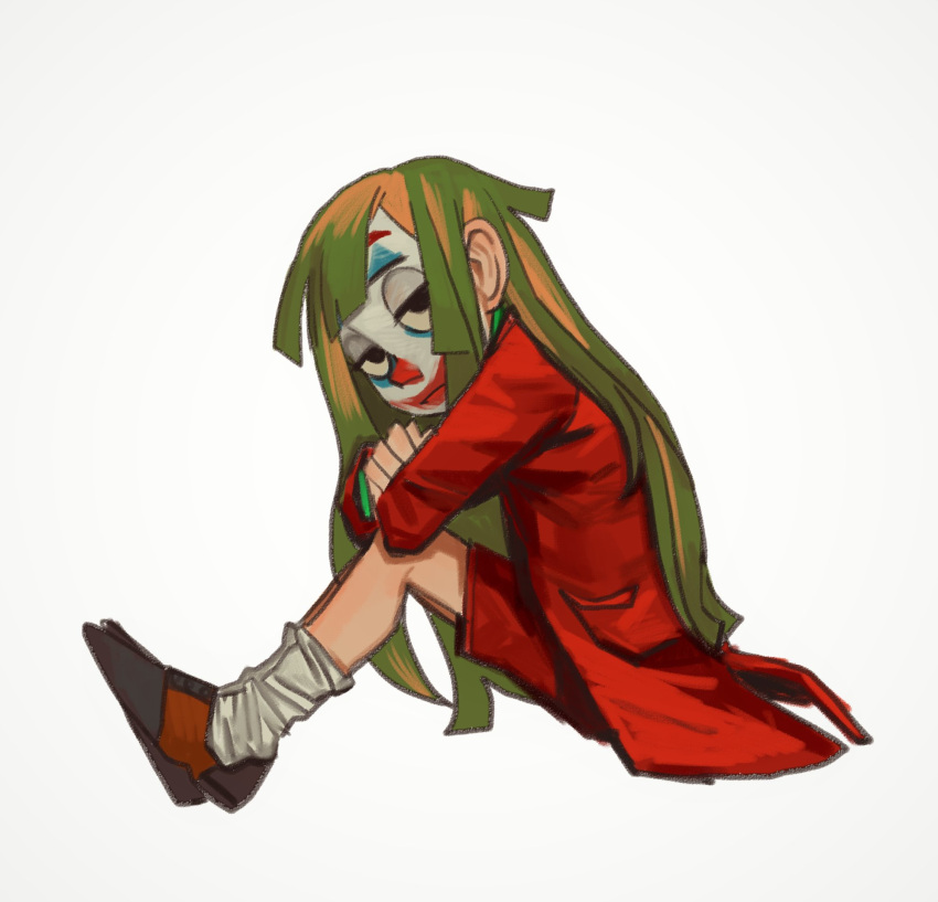 1girl arthur_fleck black_eyes closed_mouth clown facepaint from_side genderswap genderswap_(mtf) green_hair highres jacket jitome joker_(2019) long_hair looking_at_viewer looking_to_the_side mossacannibalis red_jacket red_shorts shoes shorts simple_background sitting socks solo very_long_hair white_background white_legwear