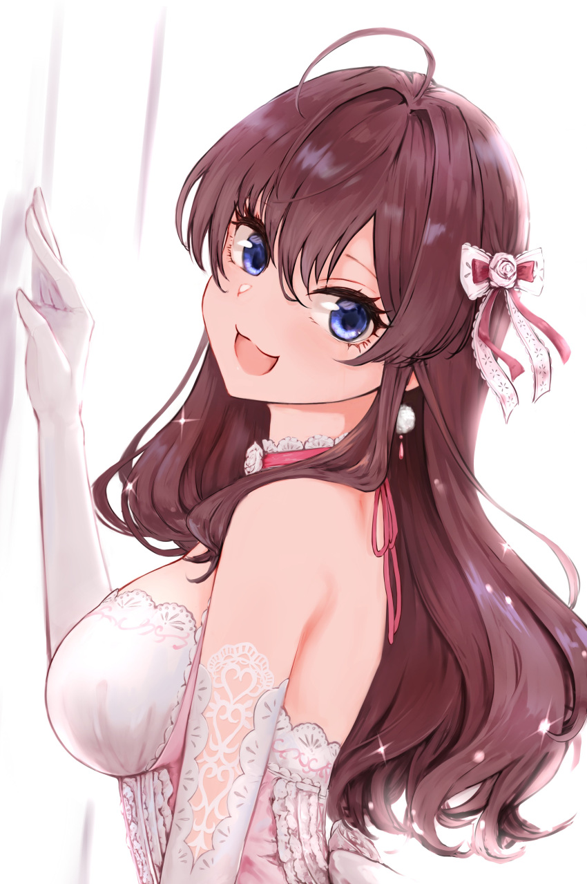 1girl absurdres against_wall ahoge blue_eyes bow breasts bride brown_hair choker dress elbow_gloves embroidery frills gloves hair_bow highres ichinose_shiki idolmaster idolmaster_cinderella_girls idolmaster_cinderella_girls_starlight_stage lamp_p9 looking_at_viewer strapless strapless_dress tube_dress