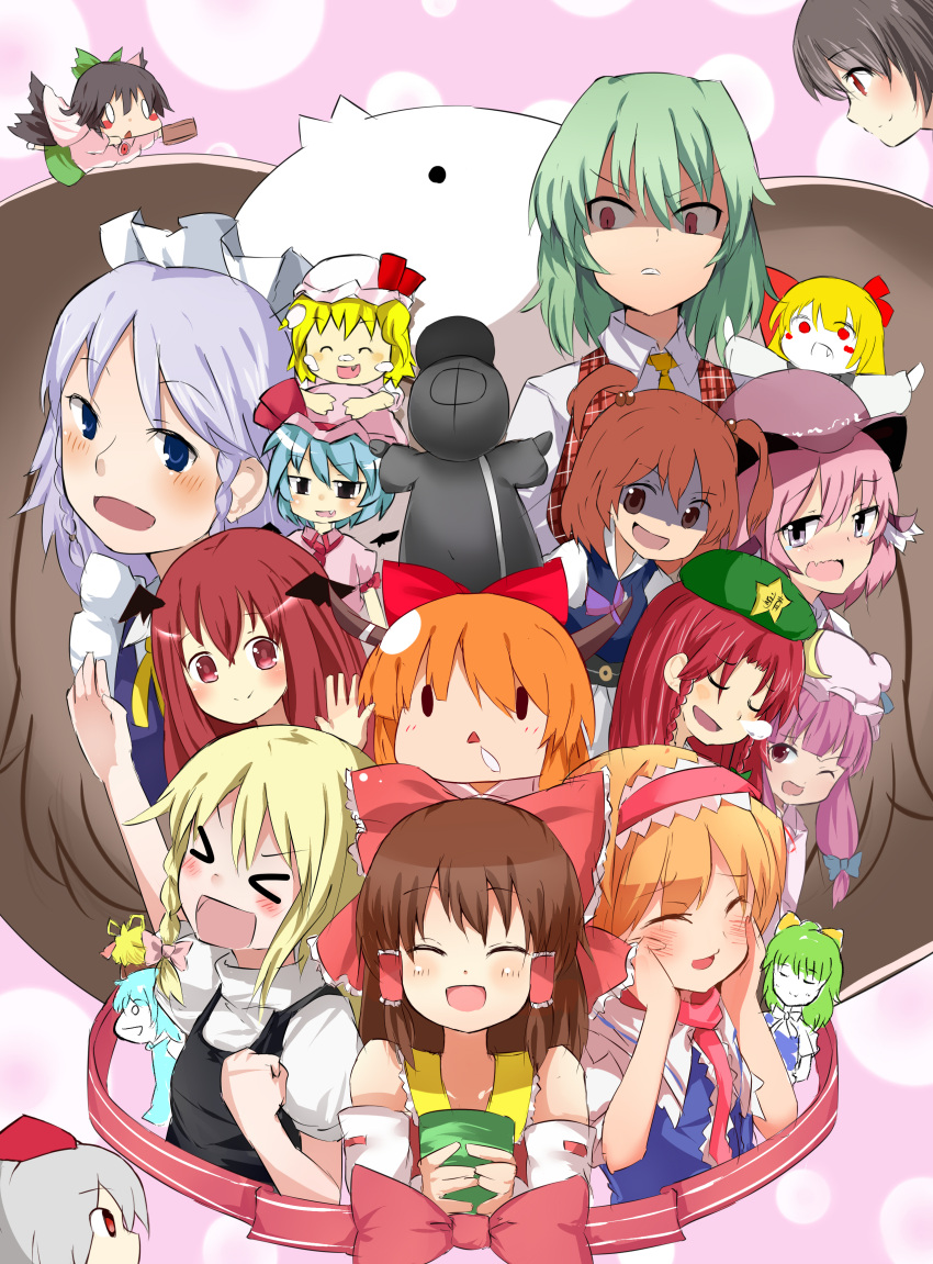 &gt;_&lt; 6+girls absurdres alice_margatroid bangs beret black_hair black_vest blonde_hair blue_dress blue_eyes blue_hair blush bow braid brown_hair brown_horns capelet chibi cirno cirno_(cookie) closed_eyes closed_mouth collared_shirt colored_skin commentary_request cookie_(touhou) cup daiyousei diyusi_(cookie) dress everyone eyebrows_visible_through_hair flandre_scarlet flying garbage_(cookie) genpatsu_(cookie) green_bow green_hair hair_between_eyes hair_bow hakurei_reimu hat hat_ornament head_wings highres hinase_(cookie) holding holding_cup hong_meiling horns ibuki_suika inu_(cookie) inubashiri_momiji izayoi_sakuya kazami_yuuka kirisame_marisa koakuma light_purple_hair long_hair looking_at_viewer looking_to_the_side macota_(cookie) medicine_melancholy medium_hair mob_cap msta_(cookie) multiple_girls mystia_lorelei nose_bubble onozuka_komachi open_mouth orange_hair patchouli_knowledge pink_hair plaid plaid_vest purple_bow purple_hair red_bow red_eyes red_vest redhead reiuji_utsuho remilia_scarlet reu_(cookie) rumia shaded_face shameimaru_aya shirt shishou_(cookie) short_hair side_ponytail sleeping smile solid_oval_eyes star_(symbol) star_hat_ornament tearing_up the_chicken_that_appears_in_the_middle_of_cookie tokin_hat tori_(cookie) touhou triangle_mouth tsurikichi_obasan twin_braids twintails upper_body uzuki_(cookie) vest violet_eyes white_capelet white_shirt white_skin yamin_(cookie) yumekamaborosh yunomi yuzuyu_(cookie)