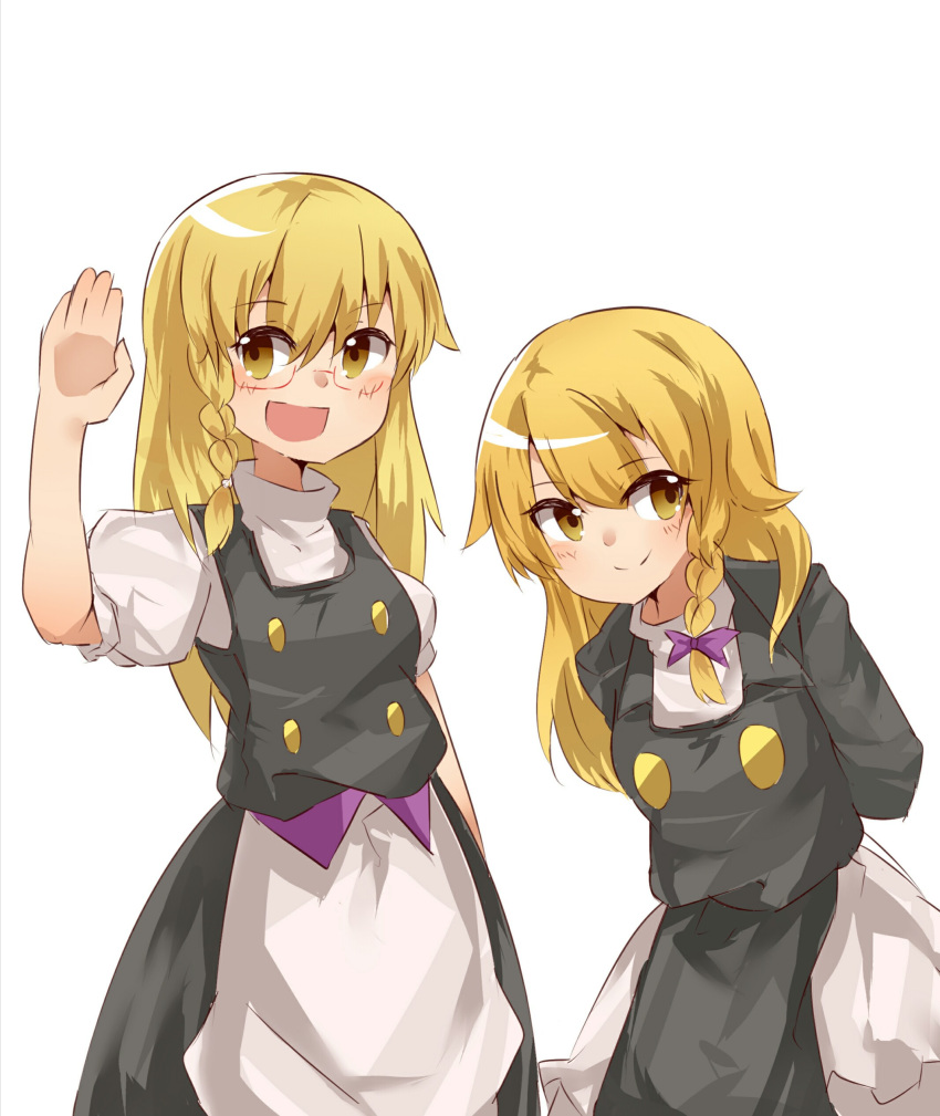 2girls :d absurdres apron arms_behind_back bangs black_coat black_skirt black_vest blonde_hair blush bow braid buttons closed_mouth coat commentary_request cookie_(touhou) cowboy_shot eyebrows_visible_through_hair eyes_visible_through_hair glasses hair_between_eyes hair_bow highres kirisame_marisa long_hair looking_at_viewer multiple_girls no_hat no_headwear open_mouth puffy_short_sleeves puffy_sleeves purple_bow red-framed_eyewear rei_(cookie) semi-rimless_eyewear shirt short_sleeves side_braid simple_background single_braid skirt smile split_mouth touhou under-rim_eyewear uzuki_(cookie) vest waist_apron wavy_hair white_background white_shirt yellow_eyes yumekamaborosh