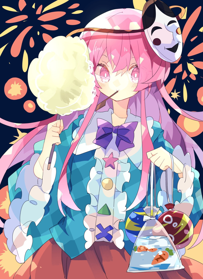 1girl bag blue_shirt bow bowtie carrot commentary cotton_candy eating festival fireworks frilled_shirt frills hata_no_kokoro highres long_hair long_sleeves looking_at_viewer nikorashi-ka noh_mask one-hour_drawing_challenge pink_eyes pink_hair plaid plaid_shirt purple_bow red_skirt shirt skirt solo touhou very_long_hair water wide_sleeves