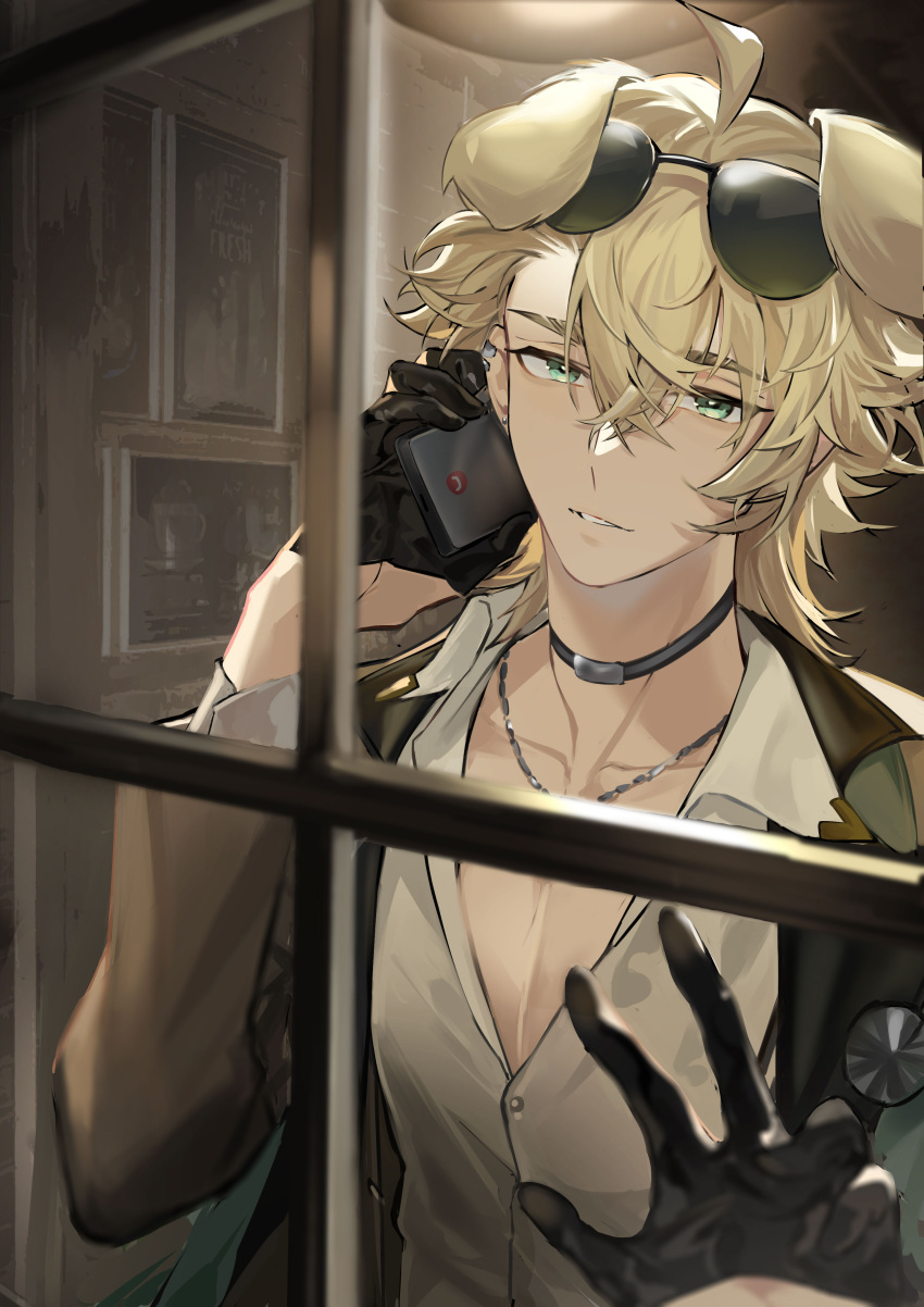 1boy absurdres ahoge animal_ears arknights black_gloves blonde_hair brown_coat calamitouscat choker coat dog_boy dog_ears ear_piercing eyewear_on_head gloves green_eyes highres jewelry male_focus necklace pectoral_cleavage pectorals phone piercing sad shirt sunglasses tequila_(arknights) white_shirt window