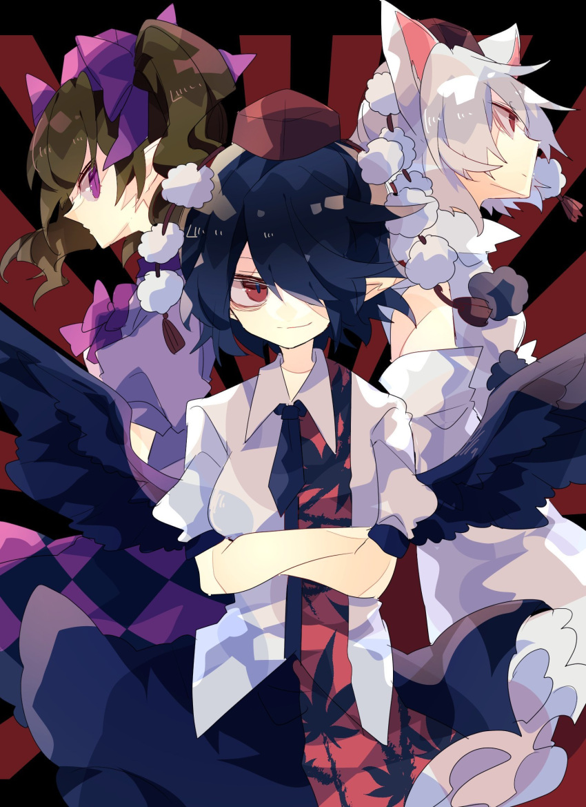 3girls bangs bird_wings black_hair black_skirt bow brown_hair checkered_clothes checkered_skirt commentary crossed_arms detached_sleeves hair_ribbon hat highres himekaidou_hatate inubashiri_momiji leaf_print long_sleeves looking_at_viewer looking_away medium_hair multicolored_clothes multicolored_skirt multiple_girls nikorashi-ka one_eye_covered petticoat pointy_ears pom_pom_(clothes) puffy_short_sleeves puffy_sleeves purple_bow purple_ribbon purple_skirt red_eyes ribbon shameimaru_aya shirt short_hair short_sleeves sideways_glance skirt smile tokin_hat touhou turtleneck violet_eyes white_hair white_shirt wings