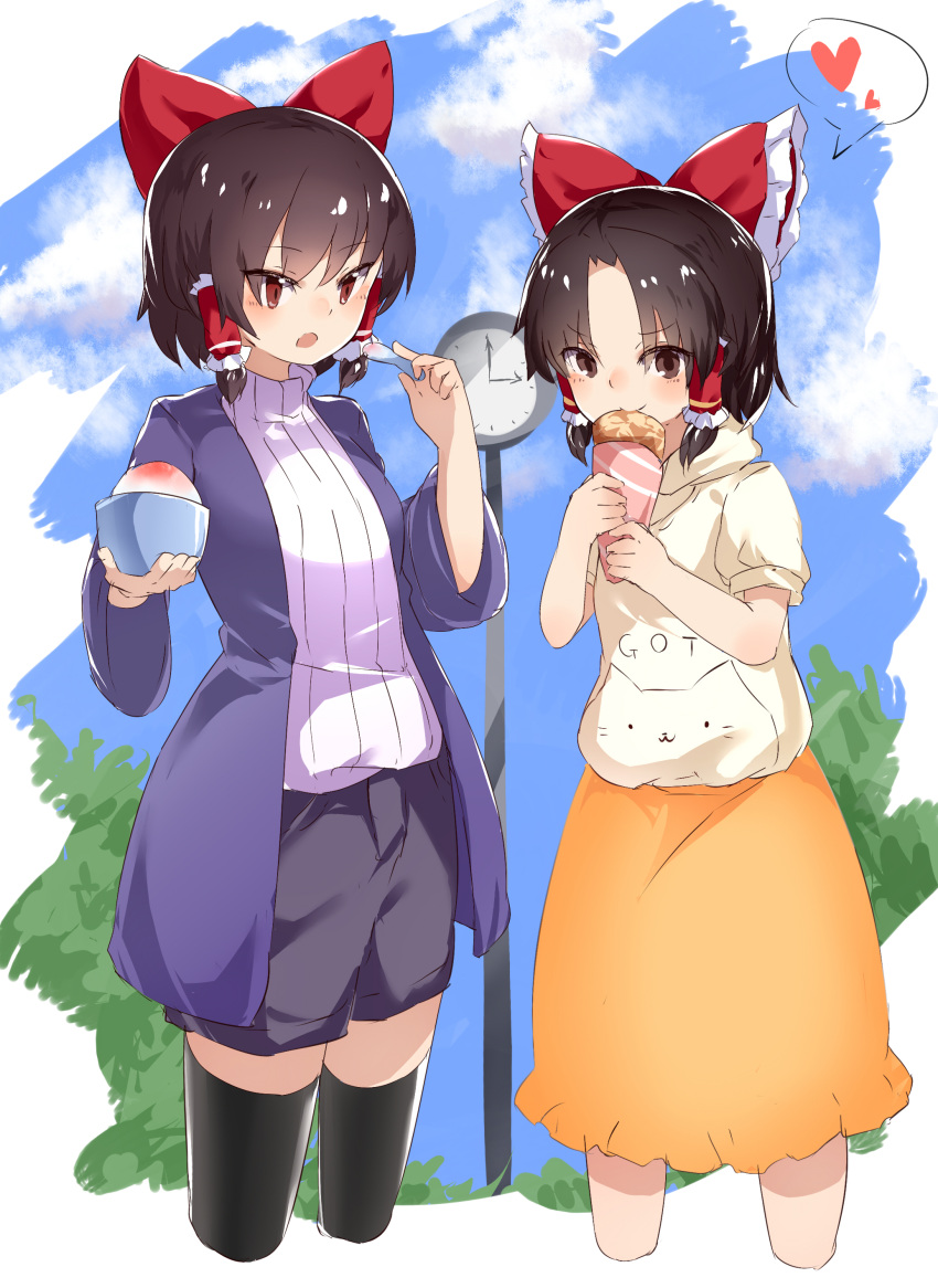 2girls absurdres alternate_costume animal_print bangs benikurage_(cookie) black_legwear black_shorts blush bow breasts brown_eyes brown_hair cat_print closed_mouth coat commentary_request cookie_(touhou) cowboy_shot crepe cropped_legs eating eyebrows_visible_through_hair flat_chest food frilled_bow frilled_hair_tubes frills hair_between_eyes hair_bow hair_tubes hakurei_reimu heart highres hood hoodie looking_at_another looking_at_viewer looking_to_the_side medium_breasts medium_skirt multiple_girls open_clothes open_coat open_mouth orange_skirt parted_bangs print_hoodie purple_coat red_bow red_eyes reu_(cookie) shaved_ice short_hair shorts skirt smile spoken_heart sweater touhou white_hoodie white_sweater yumekamaborosh