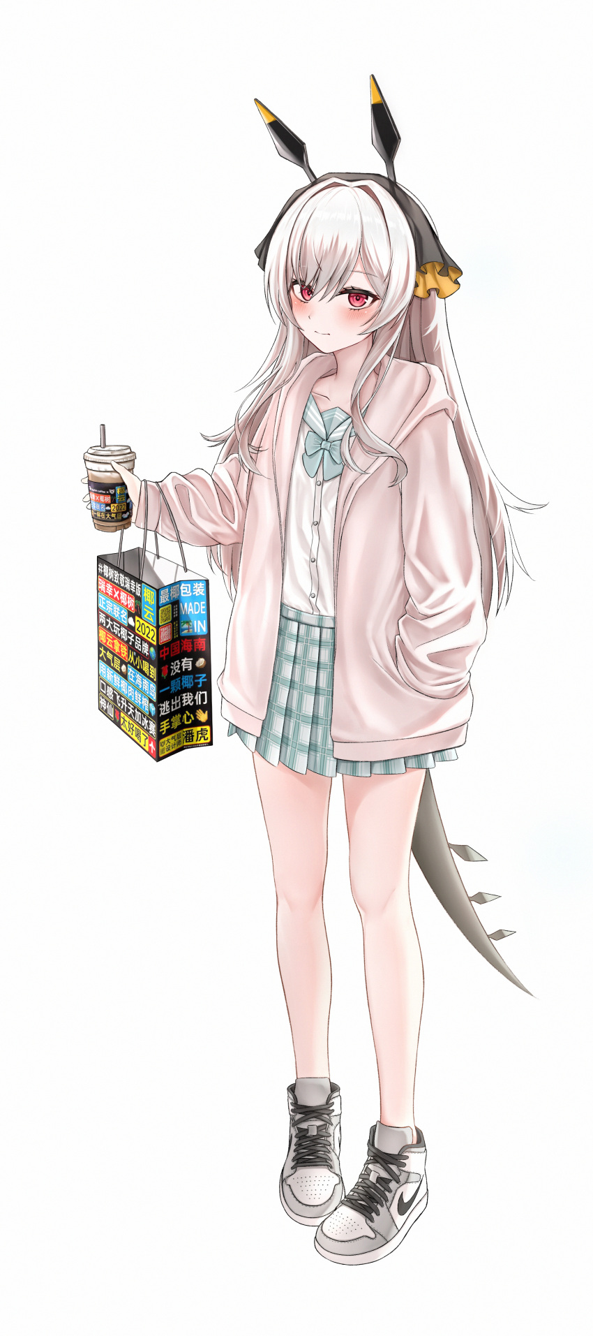 1girl absurdres alternate_costume animal_ear_fluff arknights bag bare_legs blue_bow blue_sailor_collar blue_skirt blush bow casual closed_mouth copo cup disposable_cup full_body grey_footwear hand_in_pocket highres holding holding_cup jacket long_hair long_sleeves looking_at_viewer miniskirt open_clothes open_jacket plaid plaid_skirt pleated_skirt red_eyes sailor_collar school_uniform serafuku shirt shoes shopping_bag silver_hair skirt smile sneakers solo standing tail weedy_(arknights) white_jacket white_shirt