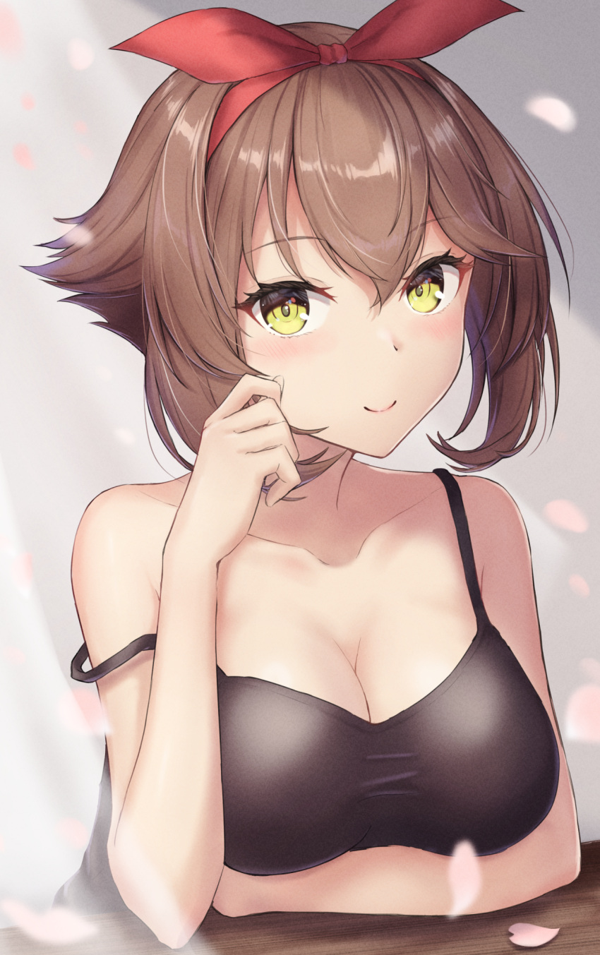 1girl alternate_costume black_camisole breasts brown_hair camisole collarbone commentary_request green_eyes hairband highres kantai_collection large_breasts looking_at_viewer monoku mutsu_(kancolle) red_hairband short_hair smile solo strap_slip upper_body