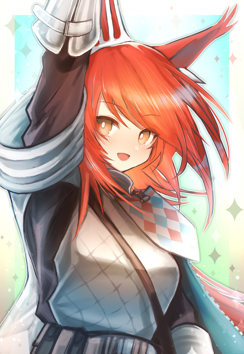 1girl 3_(sanyako1) :d absurdres animal_ears arknights arm_up bangs blue_background blush breasts bright_pupils brown_eyes eyebrows_visible_through_hair flametail_(arknights) gauntlets gradient gradient_background green_background highres long_hair looking_at_viewer medium_breasts open_mouth redhead shoulder_strap smile solo squirrel_ears swept_bangs upper_body very_long_hair