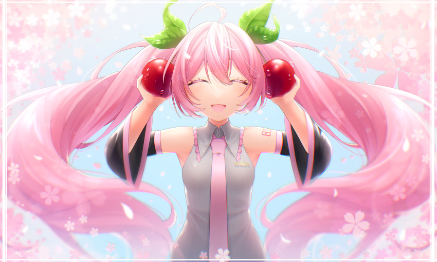 1girl :d ^_^ arm_tattoo black_sleeves cherry_blossoms closed_eyes collared_shirt copyright_name detached_sleeves dress_shirt facing_viewer floating_hair framed frilled_shirt frills hatsune_miku highres holding lailatamu long_hair long_sleeves necktie open_mouth pink_hair pink_necktie sakura_miku shirt sleeveless sleeveless_shirt smile solo tattoo twintails upper_body very_long_hair vocaloid white_shirt wide_sleeves wing_collar