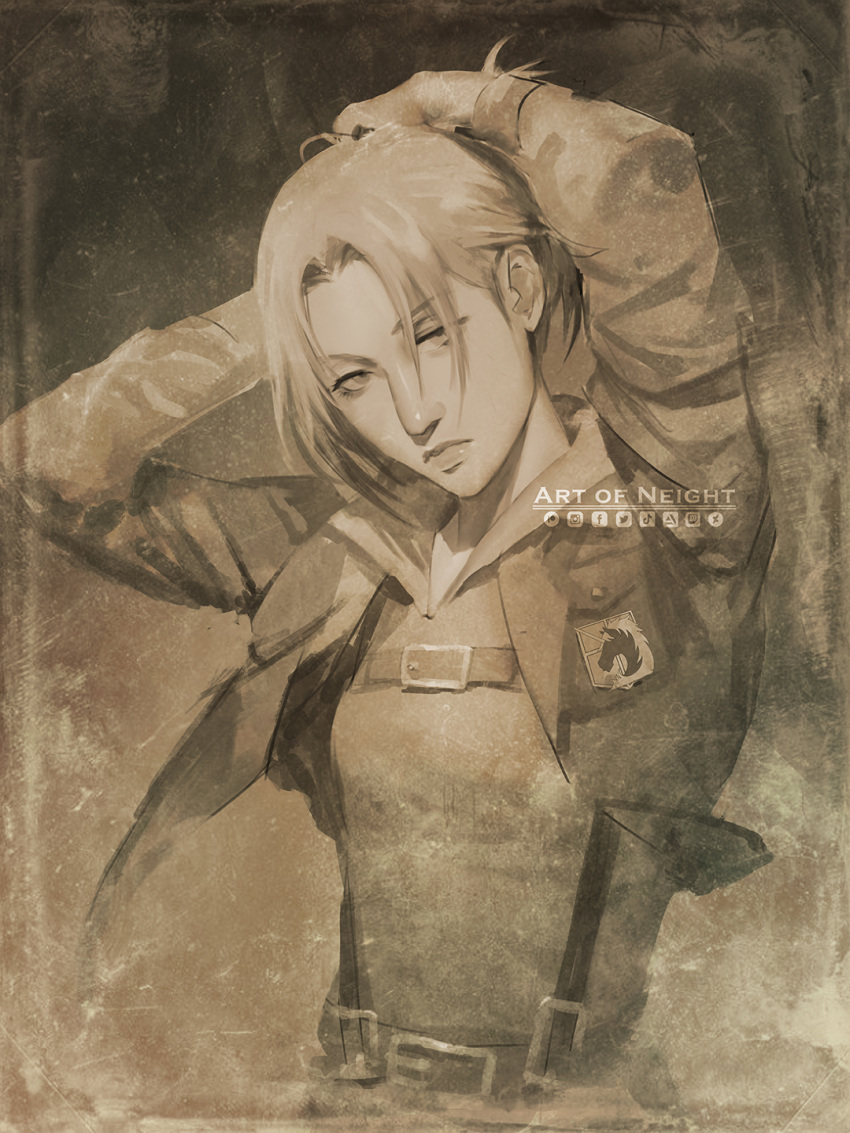 1girl annie_leonhardt arms_up artist_name bangs belt brown_theme closed_mouth commentary cropped_jacket emblem english_commentary hair_over_one_eye highres jacket logo long_sleeves military_police_brigade_(emblem) monochrome nate_artuz open_clothes open_jacket paradis_military_uniform parted_bangs shingeki_no_kyojin solo suspenders tying_hair upper_body v-neck
