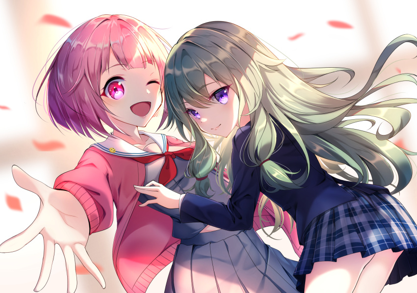 2girls ;d \||/ bangs blue_skirt blush breasts cardigan collarbone commentary_request eyelashes green_hair hair_between_eyes highres kusanagi_nene long_hair long_sleeves looking_at_viewer low-tied_long_hair miniskirt multiple_girls one_eye_closed ootori_emu open_cardigan open_clothes open_mouth outstretched_arm pink_cardigan pink_eyes pink_hair plaid plaid_skirt pleated_skirt project_sekai sailor_collar school_uniform shiny shiny_hair short_hair skirt small_breasts smile uniform violet_eyes wonderlands_x_showtime_(project_sekai) yamanakaume