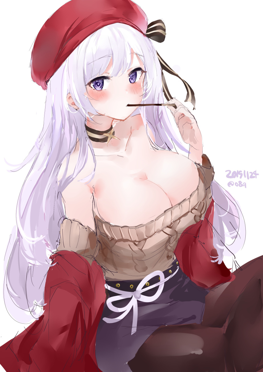 1girl absurdres aran_sweater azur_lane belfast_(azur_lane) belfast_(shopping_with_the_head_maid)_(azur_lane) blush brown_legwear brown_sweater choker dated high-waist_skirt highres jacket long_hair looking_at_viewer mile_(off8mile) miniskirt mouth_hold off-shoulder_sweater off_shoulder pantyhose purple_hair purple_skirt red_headwear red_jacket simple_background sitting skirt solo sweater violet_eyes white_background