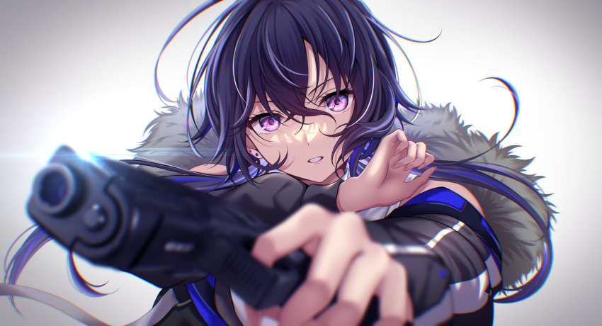 1girl aiming_at_viewer bare_shoulders black_hair blue_hair blurry blurry_foreground depth_of_field earrings fur_trim gun highres holding holding_gun holding_weapon ichinose_uruha jewelry lens_flare long_hair looking_at_viewer lupinus_virtual_games multicolored_hair parted_lips rairaisuruyo simple_background solo two-tone_hair upper_body violet_eyes vspo! weapon white_background