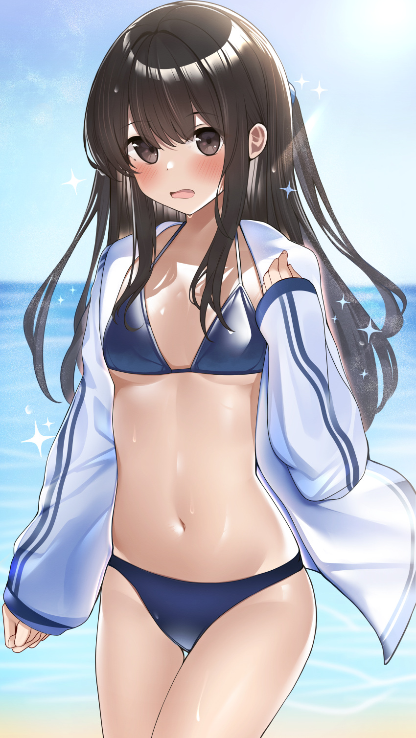 1girl absurdres bikini blue_bikini blue_sky blush breasts brown_eyes brown_hair collarbone commentary_request cowboy_shot day highres jacket kaku_yone long_hair long_sleeves looking_at_viewer navel ocean one_side_up open_clothes open_jacket open_mouth original outdoors sky sleeves_past_wrists small_breasts solo sparkle stomach sunlight swimsuit thigh_gap track_jacket under_boob very_long_hair water white_jacket
