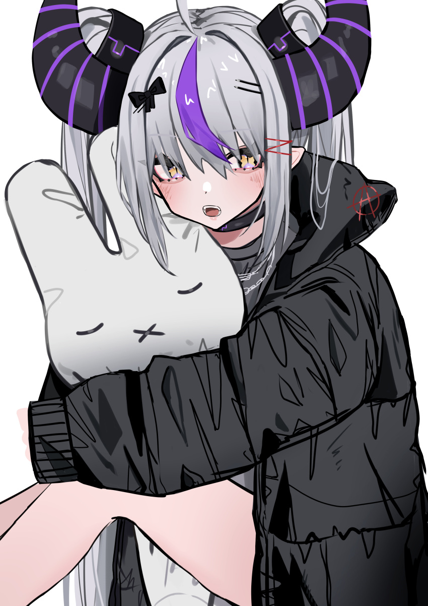 1girl absurdres black_choker black_jacket black_shirt bow choker eyebrows_visible_through_hair from_side grey_hair hair_behind_ear hair_bow highres hololive horns jacket kmgrru la+_darknesss miffy_(character) multicolored_hair object_hug open_mouth pointy_ears purple_hair shirt sitting sketch sleeves_past_fingers sleeves_past_wrists solo streaked_hair stuffed_toy unfinished virtual_youtuber white_background yellow_eyes