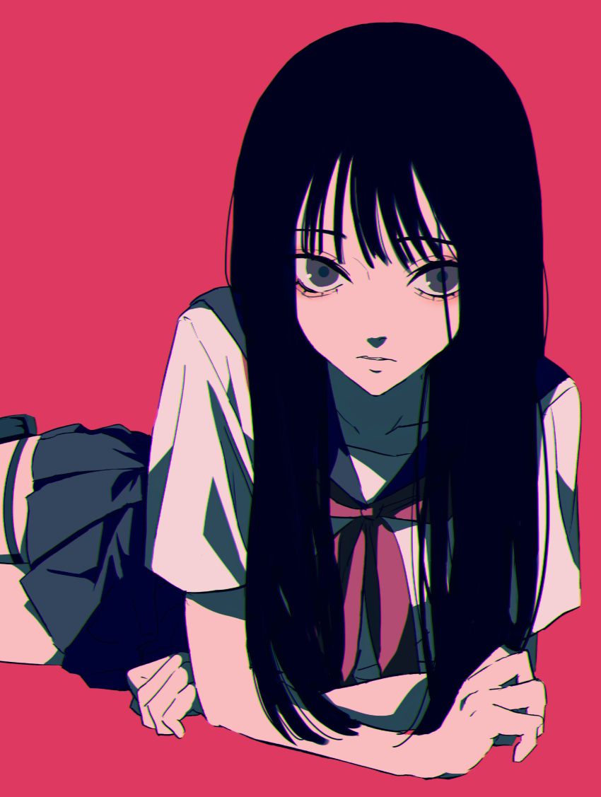 1girl absurdres arm_support bangs black_hair black_skirt collarbone commentary_request grey_eyes highres long_hair looking_at_viewer lying neckerchief on_stomach original parted_lips pleated_skirt red_background red_neckerchief school_uniform serafuku short_sleeves simple_background skirt solo thigh_strap thighs urkt_10