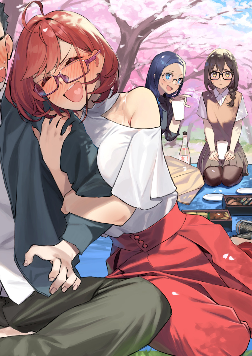 1boy 3girls 92m absurdres ahoge bare_shoulders blue_hair blush bottle braid brother_and_sister brown_hair cherry_blossoms commentary commentary_request cup dateko drunk food glasses highres holding holding_cup hug kakita_(92m) kinshi_no_ane looking_at_another multiple_girls open_mouth original pink-framed_eyewear red_skirt redhead semi-rimless_eyewear shirt short_hair siblings single_braid sitting skirt smile tree under-rim_eyewear wariza white_shirt
