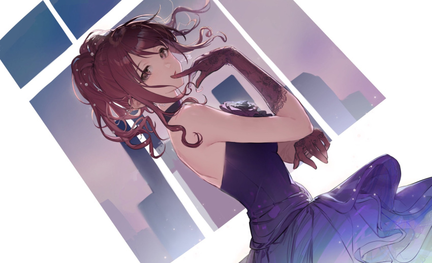 1girl :o black_gloves building dress ezusa9962027 finger_to_mouth floating_hair gloves highres idolmaster idolmaster_cinderella_girls lace-trimmed_gloves lace_trim looking_at_viewer mifune_miyu ponytail purple_dress redhead solo wavy_hair window