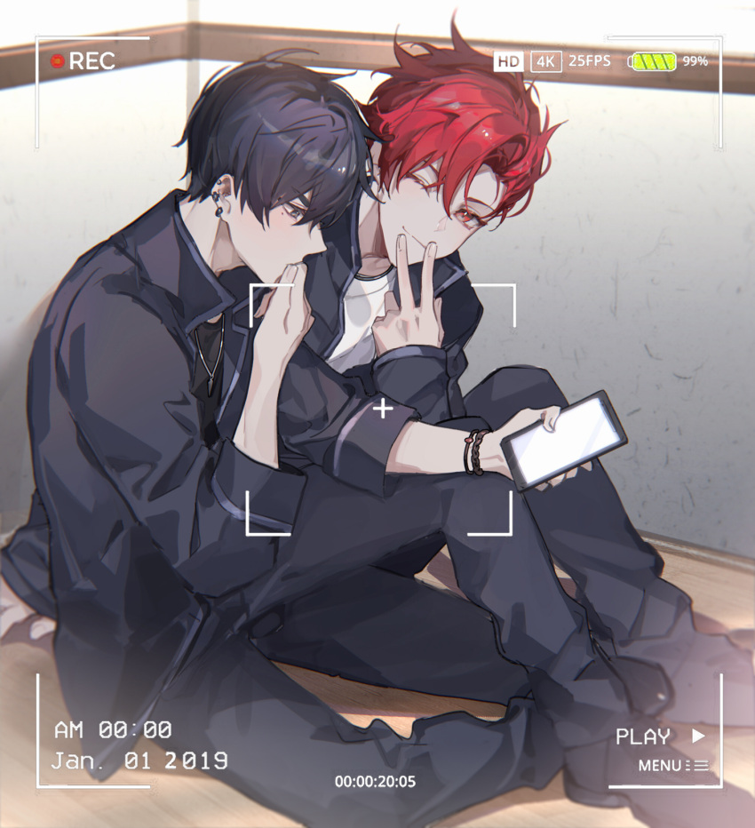 2boys bangs battery_indicator black_footwear black_hair black_jacket black_pants black_shirt bracelet buried_stars cellphone chinese_commentary closed_mouth commentary ear_piercing earrings hair_between_eyes han_do-yoon hand_to_own_mouth highres holding holding_phone indoors jacket jewelry long_sleeves looking_at_viewer male_focus mole mole_under_eye multiple_boys necklace on_floor one_eye_closed open_clothes open_jacket pants phone piercing recording red_eyes redhead seo_hyesung shirt shoes short_hair sitting smartphone smile viewfinder white_shirt yusa_(yusa0751)