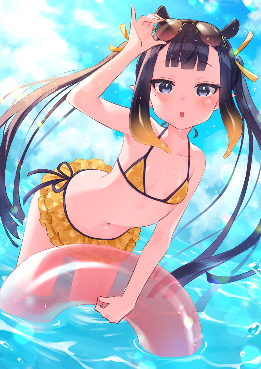 1girl :d absurdres bikini black_hair blue_eyes blue_sky breasts clouds day eyewear_on_head frilled_bikini frills highres hololive hololive_english houshou_marine_(artist) long_hair looking_at_viewer navel ninomae_ina'nis partially_submerged sky small_breasts smile solo sunglasses swimsuit twintails virtual_youtuber wet yellow_bikini