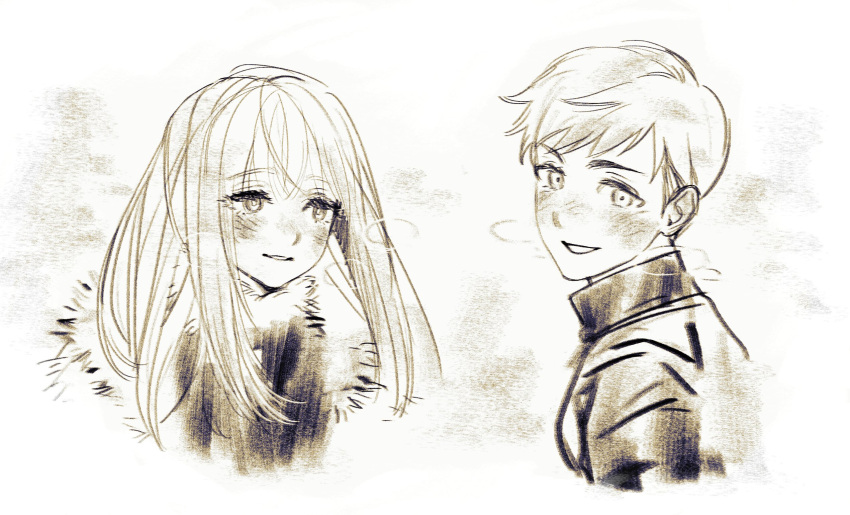 1boy 1girl bangs blush breath brother_and_sister brown_theme child cold dungeon_meshi falin_thorden fur_trim highres jextor korean_commentary laios_thorden long_hair looking_at_viewer looking_away looking_to_the_side monochrome short_hair siblings simple_background sketch smile swept_bangs winter_clothes younger