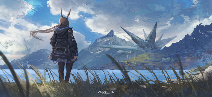 1girl absurdres amiya_(arknights) animal_ears arknights arms_at_sides artist_name black_coat black_legwear brown_hair clouds cloudy_sky coat copyright_name day facing_away franlol from_behind grass highres jewelry lake long_hair long_sleeves mountain multiple_rings outdoors pantyhose ponytail rabbit_ears ring sky solo standing water
