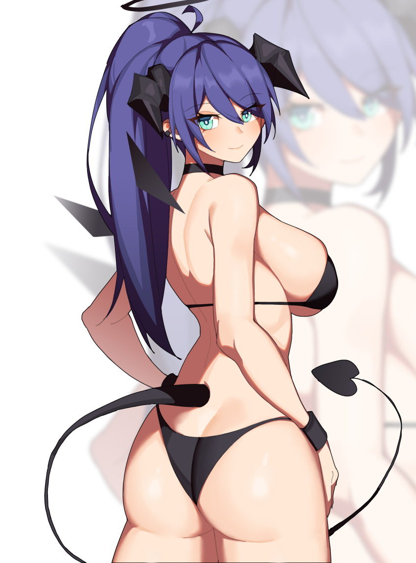 1girl absurdres alternate_hairstyle arknights ass bangs bikini black_bikini blue_eyes blue_hair breasts commentary cowboy_shot hair_between_eyes hanenosaki highres horns large_breasts long_hair looking_at_viewer mostima_(arknights) ponytail smile solo standing swimsuit tail white_background wristband zoom_layer