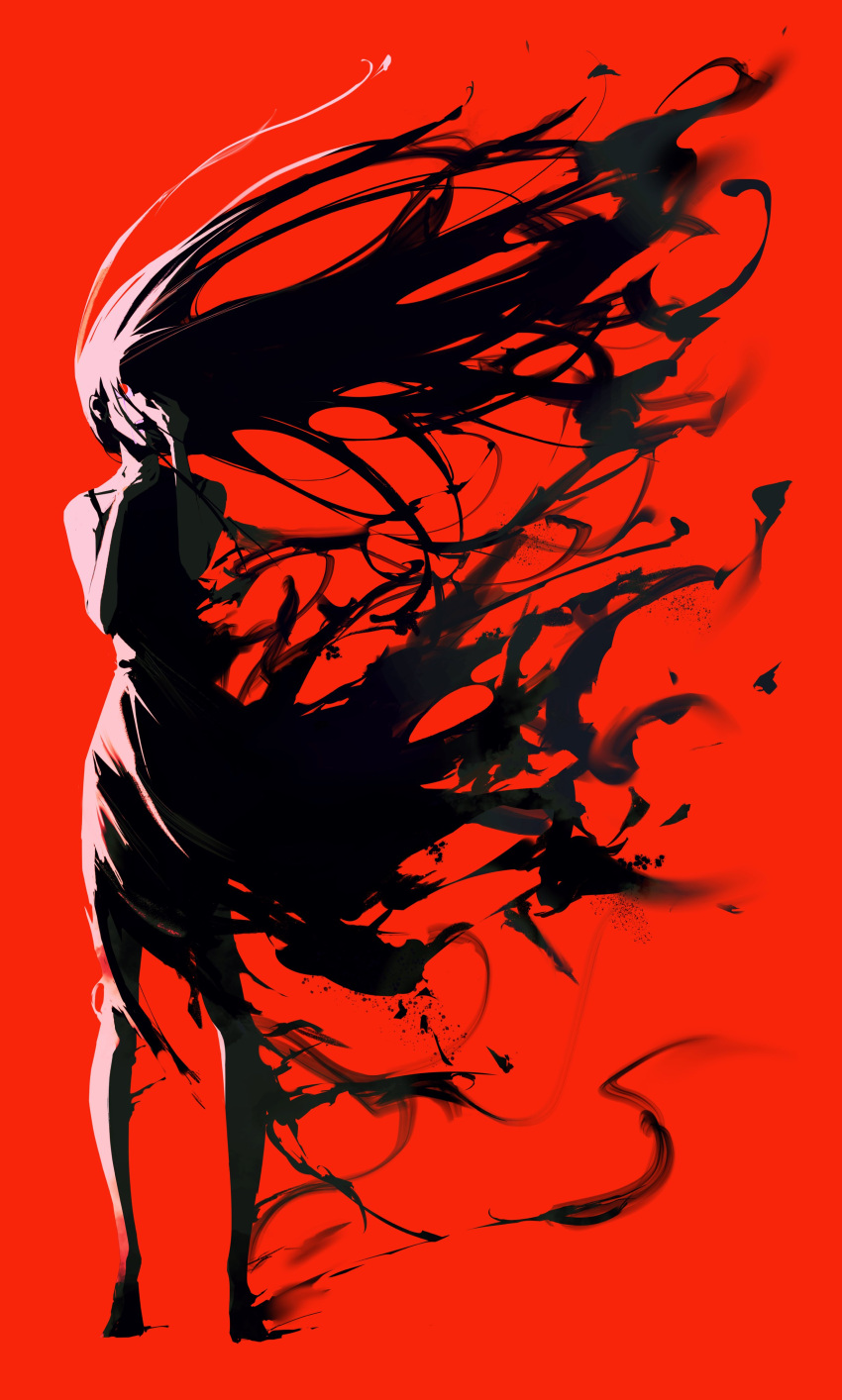 1girl absurdres bare_shoulders black_dress black_hair covering_face crying dress floating_hair full_body highres long_hair open_mouth original red_background red_eyes simple_background solo standing urkt_10 very_long_hair