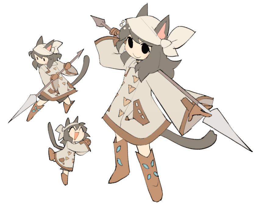 1girl animal_ears bandages boots brown_footwear brown_hair final_fantasy final_fantasy_xiv hair_ornament highres long_hair miqo'te no_pupils original polearm solo spear tail temmie_chang temmie_chang_(character) weapon