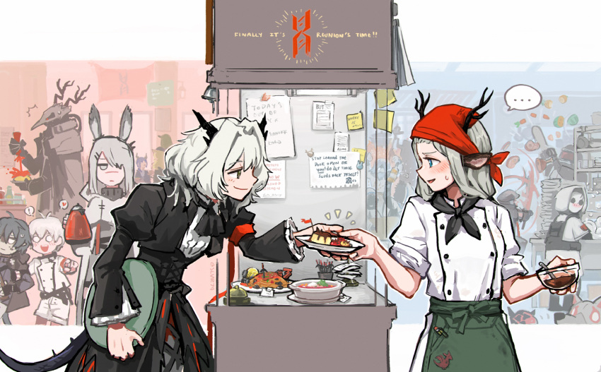 ! ... 4boys 6+girls ahoge alina_(arknights) alternate_costume animal_ears antenna_hair apron arknights ascot bandana big_bob_(arknights) black_ascot black_dress black_neckerchief blush bowl ch'en_(arknights) chainsaw coat commentary cowboy_shot deer_antlers deer_ears dragon_girl dragon_horns dragon_tail dress ear_ornament english_commentary english_text eye_contact faust_(arknights) food frostnova_(arknights) green_apron grey_eyes hair_intakes hair_ornament hair_over_one_eye hairclip ham heart highres holding holding_bowl holding_chainsaw holding_kettle holding_plate holding_tray horns hoshiguma_yuugi jitome ketchup_bottle long_hair looking_at_another multiple_boys multiple_girls neckerchief o_o open_mouth patriot_(arknights) plate pointy_ears profile pudding rabbit_ears red_bandana reunion_logo_(arknights) reunion_soldier_(arknights) scales scar scar_on_face scar_on_nose short_hair silverxp smile speech_bubble spoken_ellipsis spoken_exclamation_mark spoken_heart sweatdrop swire_(arknights) tail talulah_(arknights) teeth tray upper_teeth white_coat