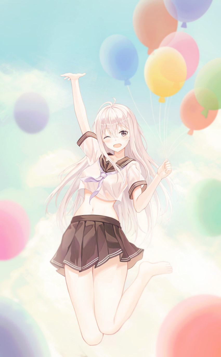 1girl ;d absurdres arm_up balloon barefoot black_eyes black_skirt breasts crop_top crop_top_overhang hand_up highres legs_up long_hair looking_at_viewer medium_breasts midriff miniskirt muyang navel neckerchief one_eye_closed open_mouth original pleated_skirt sailor_collar school_uniform see-through_silhouette serafuku shirt short_sleeves skirt smile solo stomach thighs white_hair white_shirt