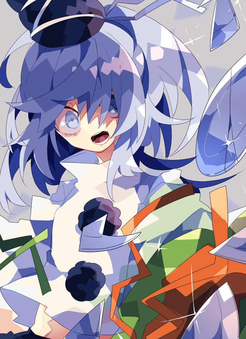 1girl broken_plate commentary crack green_ribbon grey_eyes grey_hair hat highres japanese_clothes kariginu long_sleeves midriff_peek mononobe_no_futo nikorashi-ka open_mouth orange_ribbon plate pom_pom_(clothes) ribbon solo tate_eboshi touhou white_ribbon wide_sleeves