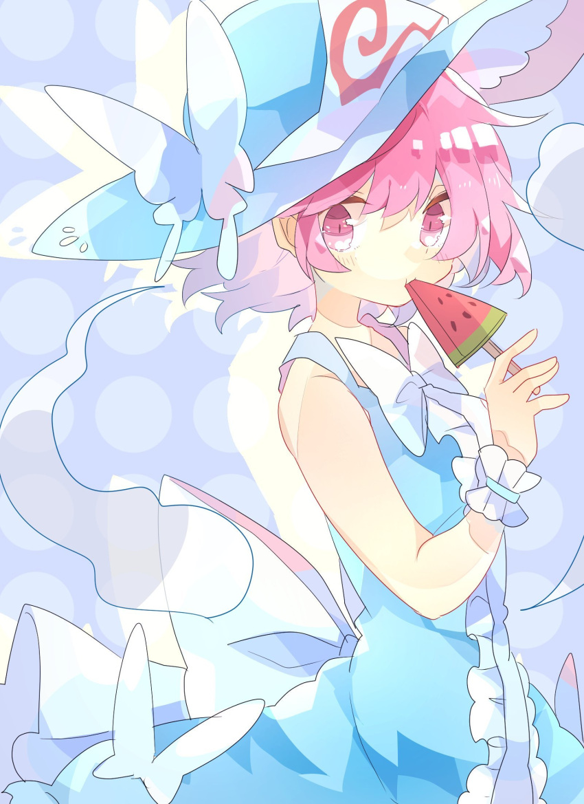 1girl blue_dress blue_hair bow bowtie bug butterfly butterfly_hat_ornament commentary dress food frilled_dress frills fruit ghost hat hat_ornament highres holding looking_at_viewer nikorashi-ka pink_eyes pink_hair popsicle_in_mouth saigyouji_yuyuko short_hair sleeveless solo touhou triangular_headpiece waist_bow watermelon white_bow white_butterfly wrist_cuffs