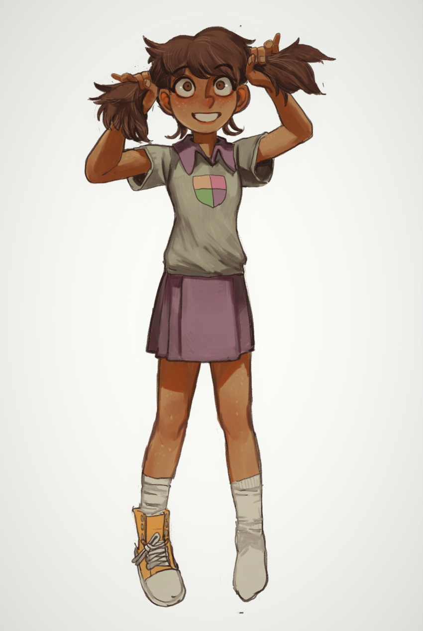 1girl amphibia anne_boonchuy brown_eyes brown_hair collared_shirt dark-skinned_female dark_skin freckles full_body grey_shirt hands_up highres looking_at_viewer miniskirt mossacannibalis purple_skirt shirt shoes short_sleeves skirt smile socks solo twintails white_legwear wing_collar